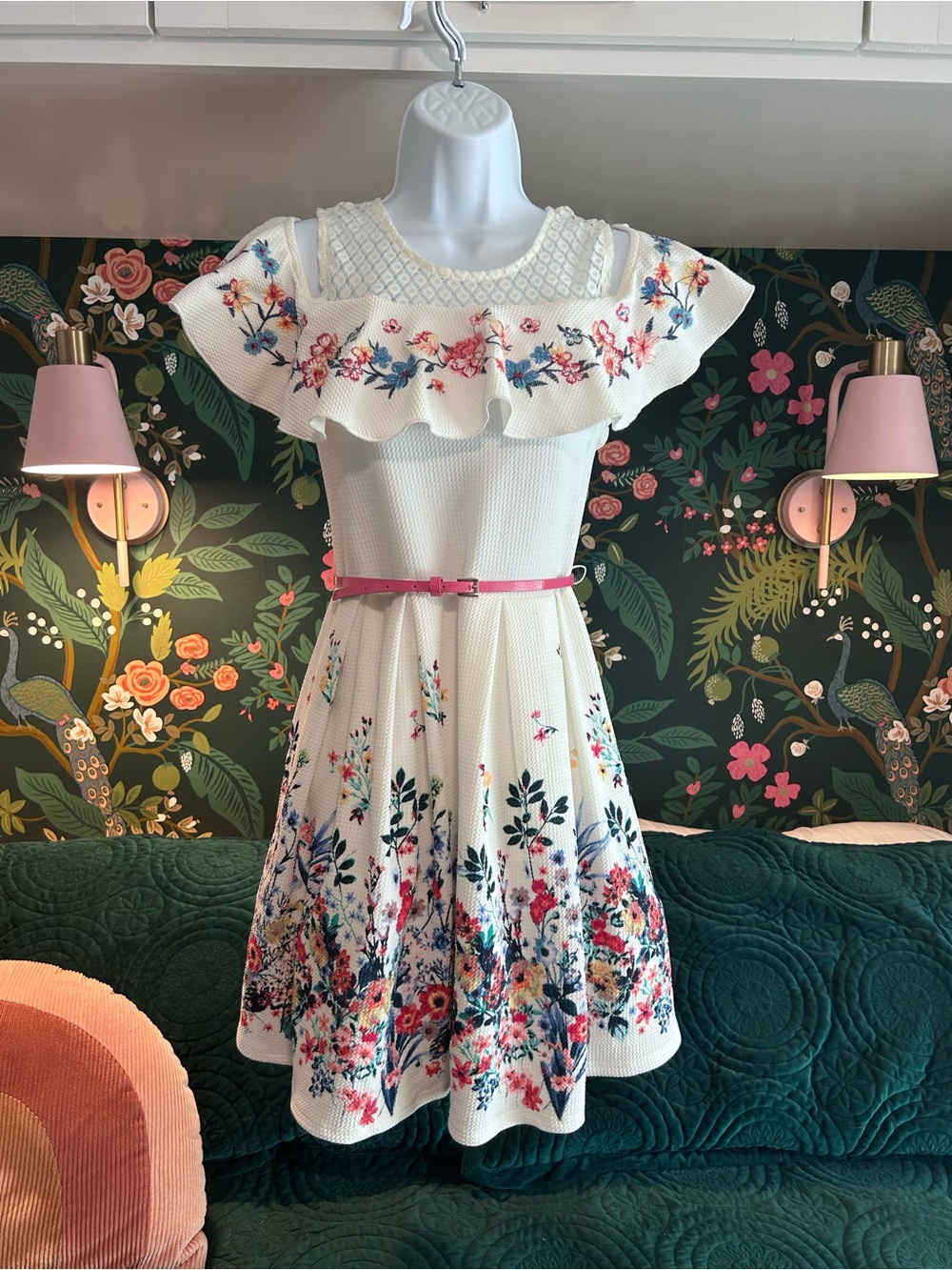 Knit Works Girls L Plus White Floral Cold Shoulder Dress with Pink Belt